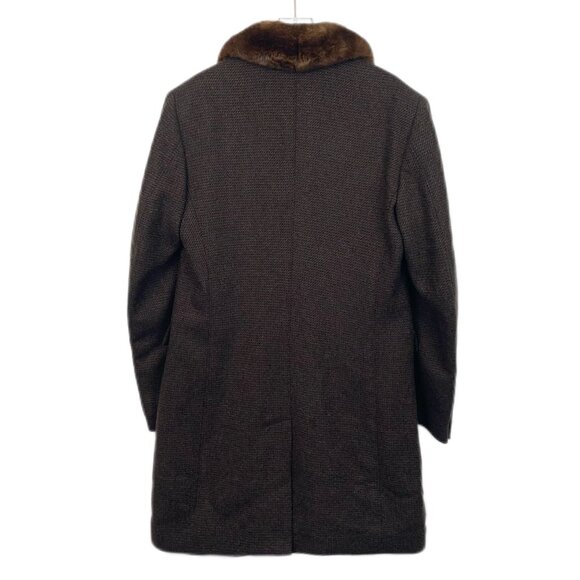 Mens Brown Wool Double-Breasted Overcoat With Fur Collar - Picture 2 of 8